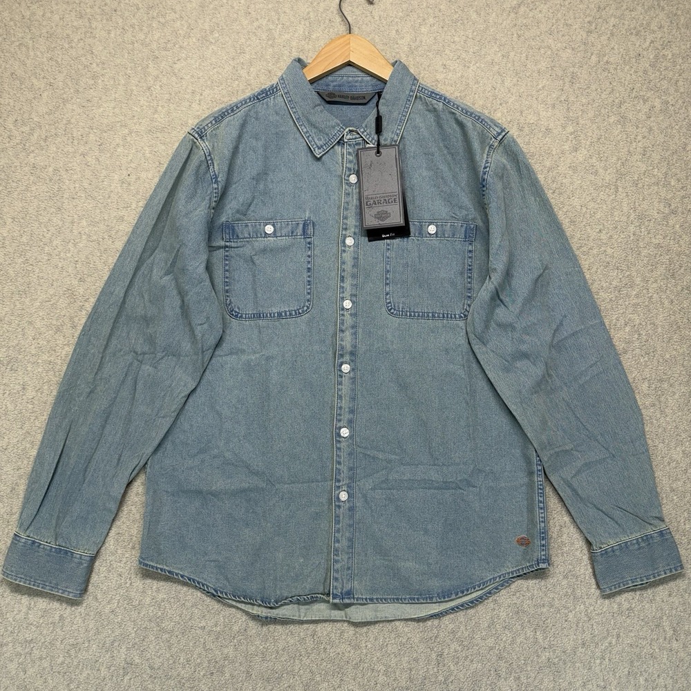 NWT Harley-Davidson Garage Men's‎ Denim Button Up Shirt Slim Fit Blue Large